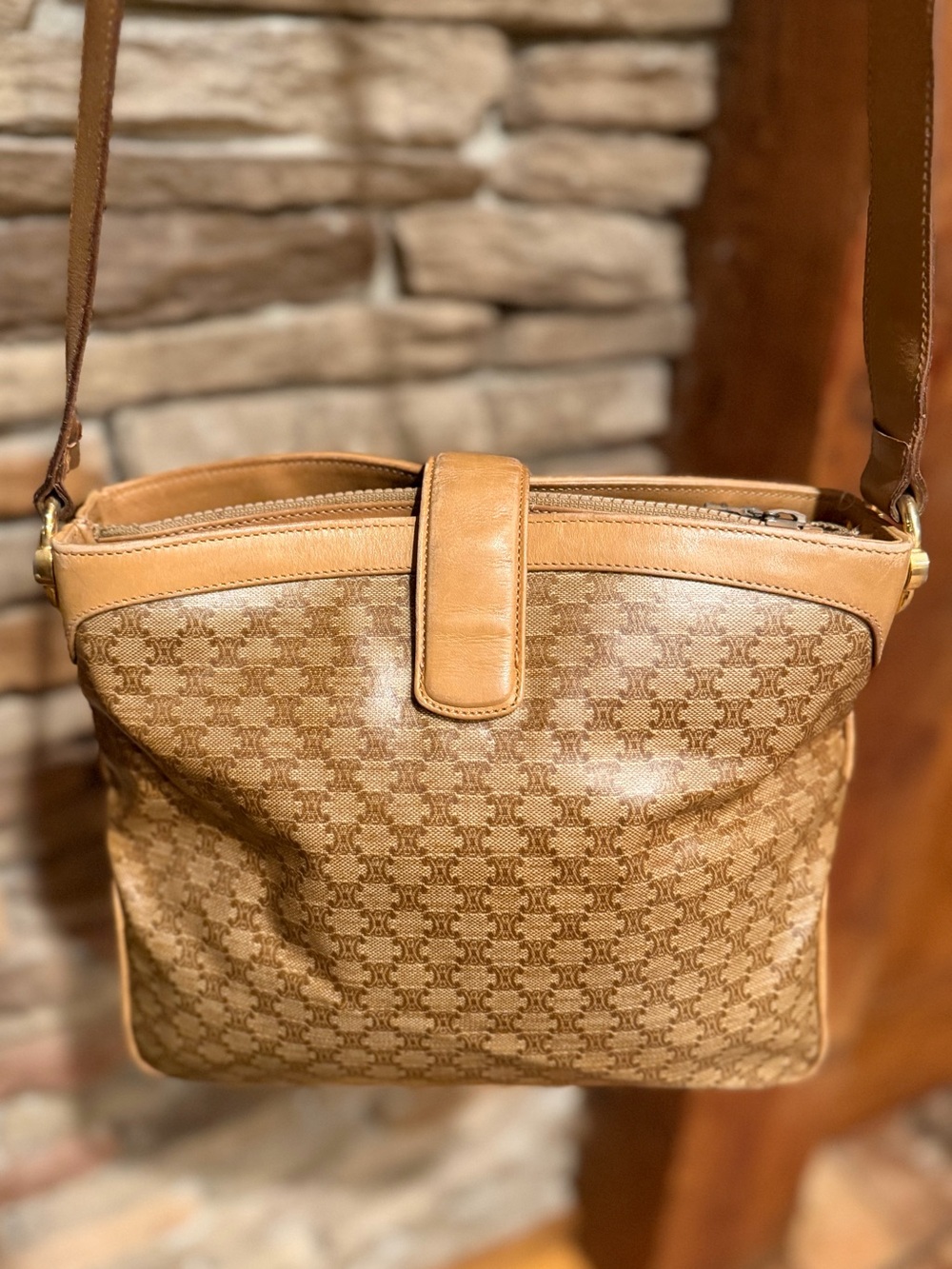 Authentic Celine Vintage 90’s Cognac Monogram Crossbody Bag Leather Trim - Picture 2 of 15